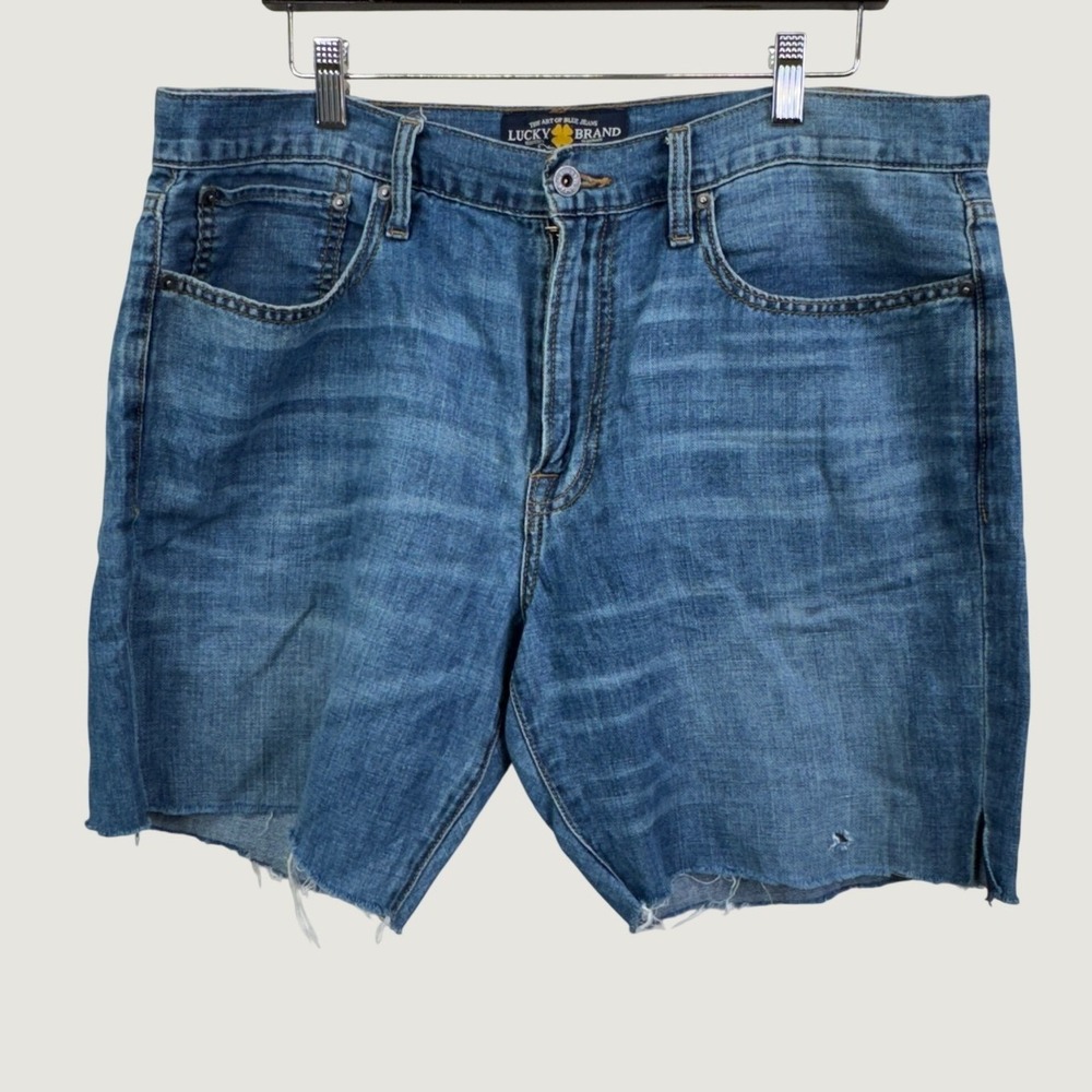 Lucky Brand 121 Heritage Shorts 36 Blue Denim DIY Cutoff Linen Blend Distressed